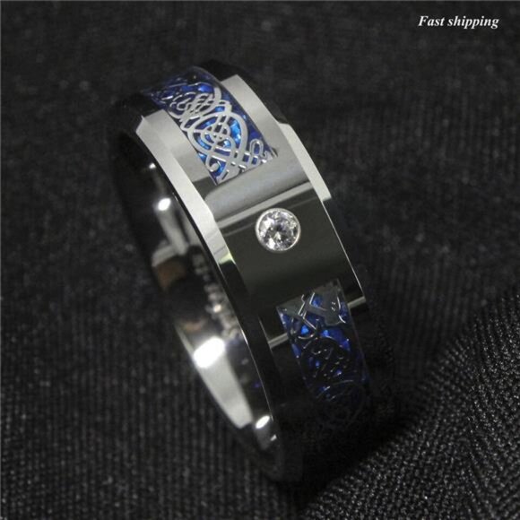 Men's Wedding Band Rings - Silver Celtic Dragon CZ Rings for Men and Women - Picture 6 of 7